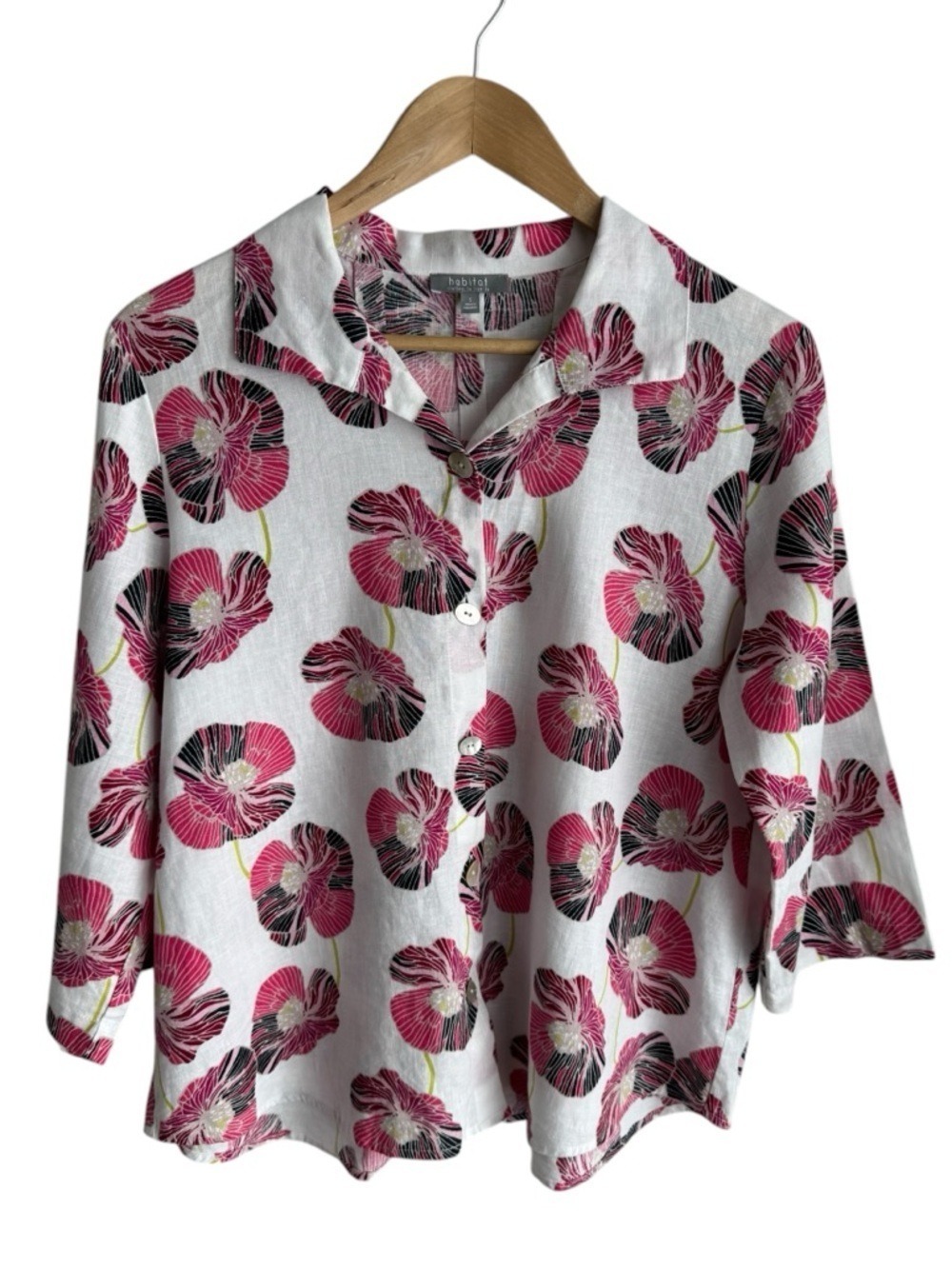 Habitat Linen Cotton Floral Button Down Blouse Sz S Breezy Shirt Summer Top EUC